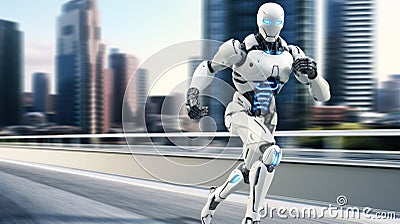 Artificial intelligence 3D robot running in futuristic cyber space metaverse background, digital world smart city Stock Photo