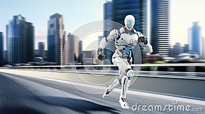 Artificial intelligence 3D robot running in futuristic cyber space metaverse background, digital world smart city Stock Photo