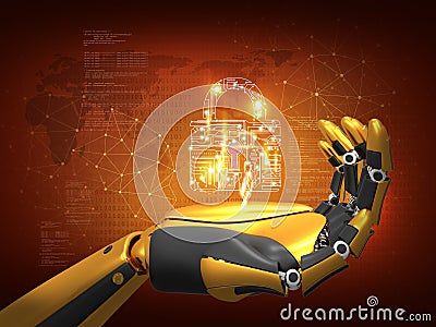 Artificial intelligence, data security, privacy concept, robot holding lock, 3D rendering abstract background Stock Photo