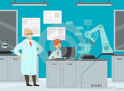 Artificial Intelligence Development with Man and Woman Scientist Engaged in Robot and Machine Research Vector Vector Illustration
