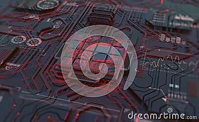 Artificial intelligence, digital mind, computer technology. Motherboard, processor, CPU, quantum computer Cartoon Illustration