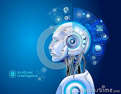 Artificial intelligence digital technology concept. Robot with hologram brain and big data analytics Vector Illustration