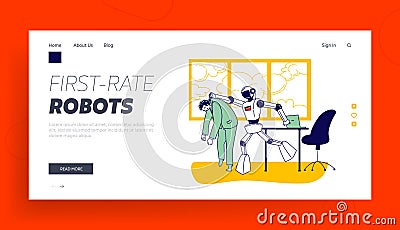 Artificial Intelligence Domination Competition Landing Page Template. Cyborg Kicked Human Character Away from Job Vector Illustration