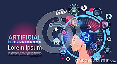 Artificial Intelligence Female Head Cyber Brain Modern Technology Robots Banner With Copy Space Vector Illustration