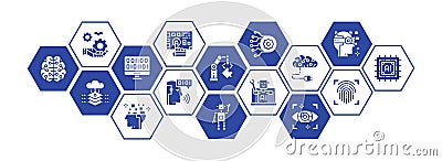 Artificial Intelligence flat banner with line icons. Robotics, Chatbot, Database, Big Data promotion icons banner Vector Illustration