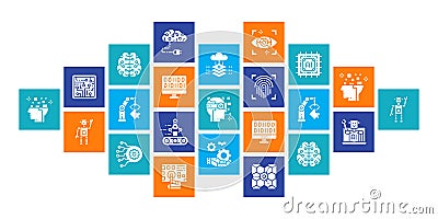 Artificial Intelligence flat design web banner. Robotics, Chatbot, Database, Big Data line icons isolated on white Vector Illustration