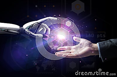 Robot and human hand over virtual projection Stock Photo