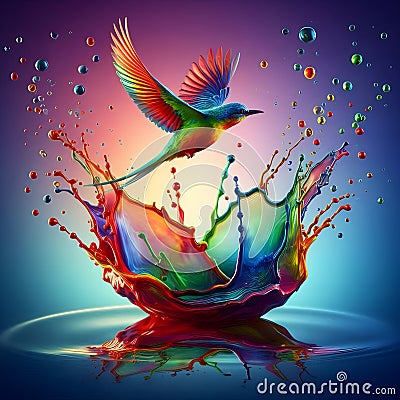 bird diving into a multi-colored water surface whereby creating complex splashes. Stock Photo