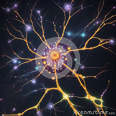 a cluster of neuron floats and branches out with axons and dendrites of cells in the brain's outer layers. Stock Photo