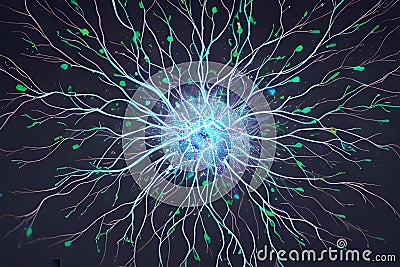 a cluster of neuron floats and branches out with axons and dendrites of cells in the brain's outer layers. Stock Photo