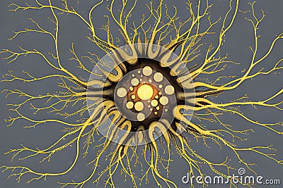 a cluster of neuron floats and branches out with axons and dendrites of cells in the brain's outer layers. Stock Photo