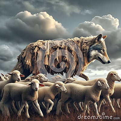 image of false wolf disguises in sheep's skin, leading a flock of sheep. Stock Photo