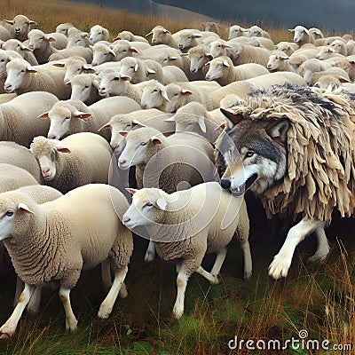 image of false wolf disguises in sheep's skin, leading a flock of sheep. Stock Photo