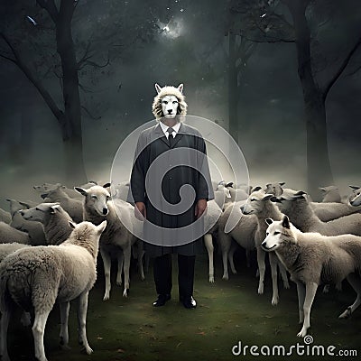 image of false wolf disguises in sheep's skin, leading a flock of sheep. Stock Photo