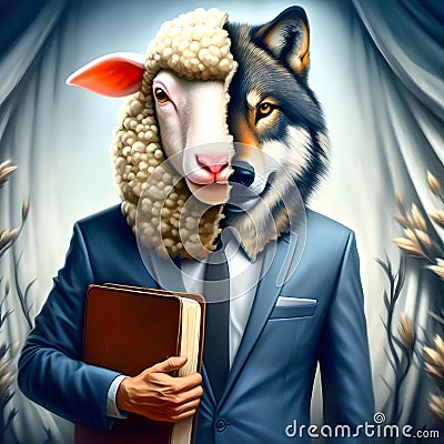 image of false wolf disguises in sheep's skin, leading a flock of sheep. Stock Photo