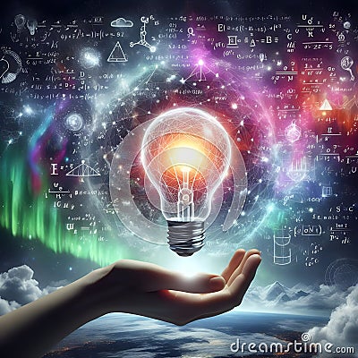 image of a hand with a light bulb in its center, surrounded by a web of equations and facts. Stock Photo