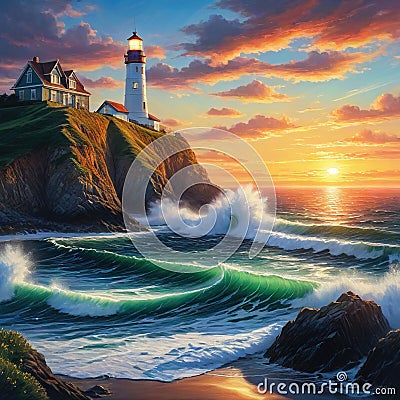 Artificial intelligence generated image of a lighthouse at seashore at dusk Cartoon Illustration