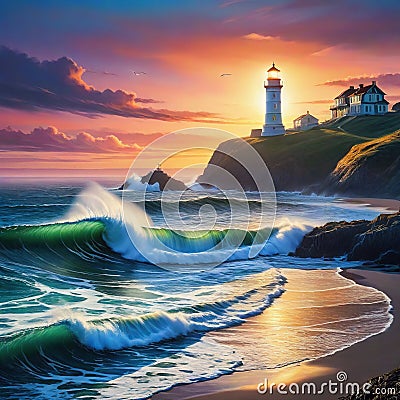 Artificial intelligence generated image of a lighthouse at seashore at dusk Cartoon Illustration