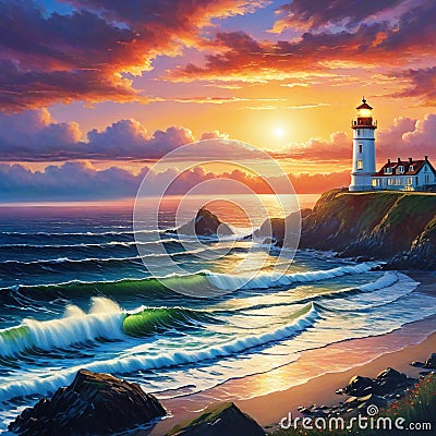 Artificial intelligence generated image of a lighthouse at seashore at dusk Cartoon Illustration