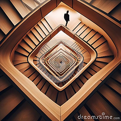 image of looking down, a paradoxical illusion, a wooden spiral staircase and someone walking. Stock Photo