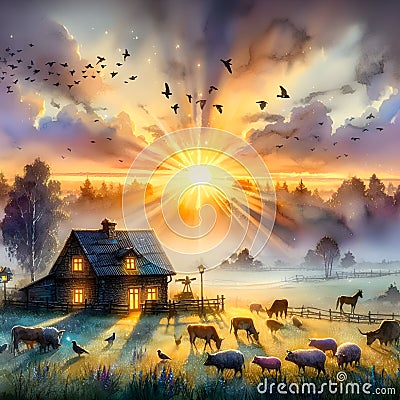 image of rising sun with golden rays into the early morning sky at cottage farm in alcohol ink style. Stock Photo