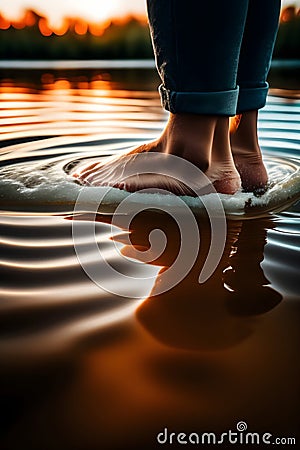 image of someone bare feet soaking and walking in a flowing river stream. Stock Photo