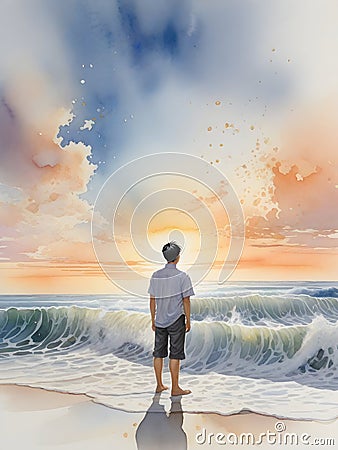 image of the watercolor painting back view of a man looks out over the crashing waves at the seaside. Stock Photo
