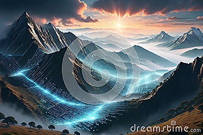 Artificial Intelligence-Generated Landscape: Vast Mountains Shrouded in Mist, Binary Code Sky Overlay Stock Photo