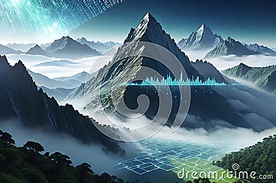 Artificial Intelligence-Generated Landscape: Vast Mountains Shrouded in Mist, Binary Code Sky Overlay Stock Photo