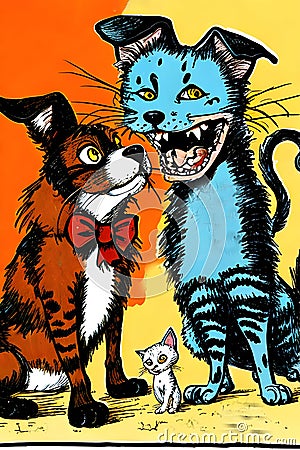 images of the crazy character of dog and cat in the style of Ralph Steadman. Stock Photo