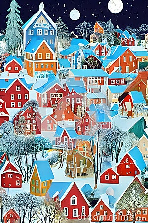 image of the scandinavian folk art houses in winter in a small town between forest. Stock Photo
