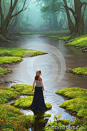 painterly image of someone lost in the beautiful enchanted forest. Stock Photo