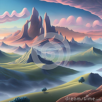 painterly image of the swirly picturesque landscape of a dreamworld scene. Stock Photo