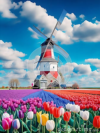 image of Tulip fields, fluffy clouds and windmill in the beautiful landscape of Netherlands. Stock Photo