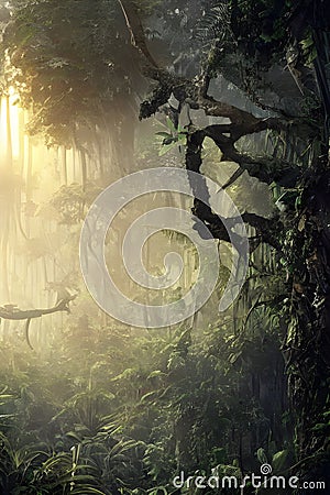 image of the twilight landscape in the thick isolated tropical jungle Stock Photo