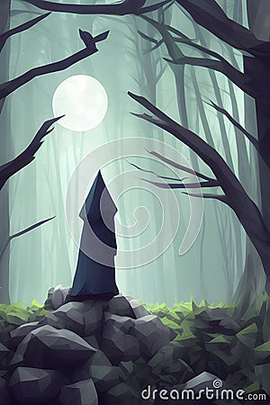 image of the a vivid illustration of a mysterious shadow creature cloaked in shadowy forest scene. Cartoon Illustration
