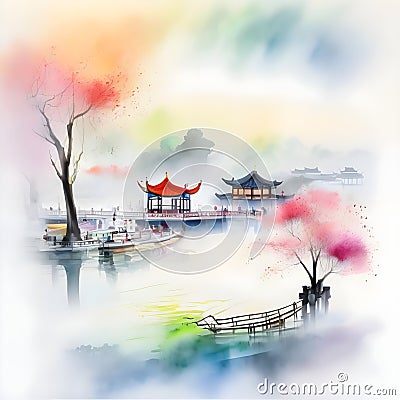 splash watercolor arts of a light mist envelops the Slender West Lake in Yangzhou, East China's Jiangsu province. Stock Photo