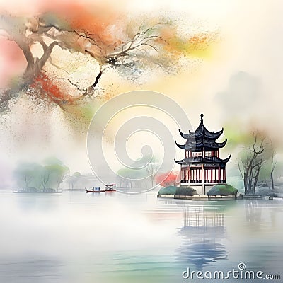 splash watercolor arts of a light mist envelops the Slender West Lake in Yangzhou, East China's Jiangsu province. Stock Photo