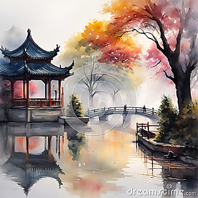 splash watercolor arts of a light mist envelops the Slender West Lake in Yangzhou, East China's Jiangsu province. Stock Photo