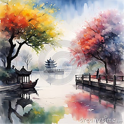 splash watercolor arts of a light mist envelops the Slender West Lake in Yangzhou, East China's Jiangsu province. Stock Photo