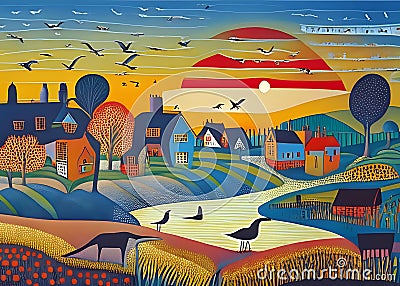 landscape with houses,field,sunrise, river,animals,birds, cars and people rendered in art Brut style Stock Photo