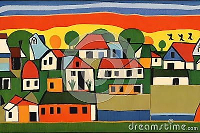 landscape with houses,field,sunrise, river,animals,birds, cars and people rendered in art Brut style Stock Photo