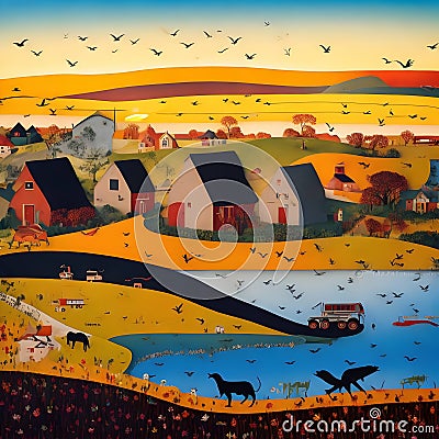 landscape with houses,field,sunrise, river,animals,birds, cars and people rendered in art Brut style Stock Photo