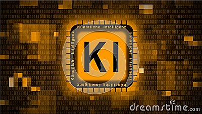 Artificial intelligence KI lettering on chip - orange abstract background of blurred binary code - information technology concept Stock Photo