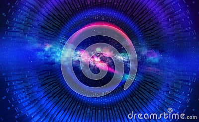 Artificial intelligence in global network. Digital technologies of galactic nebula. Computer Mind Control Cartoon Illustration