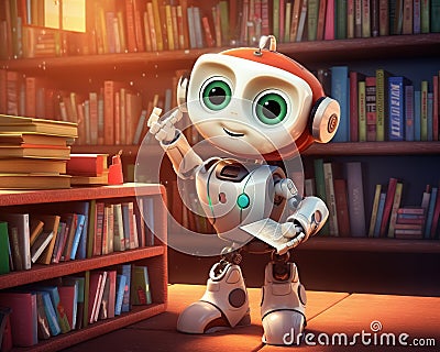 Artificial intelligence going to school with robot learning with books. Cartoon Illustration