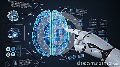 Artificial Intelligence Hand Interacting with a Digital Brain Interface Representing AI, Machine Learning, and Cognitive Computing Stock Photo