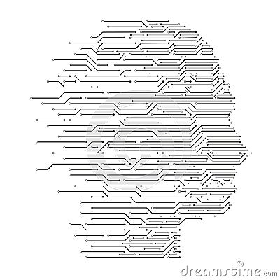 Artificial intelligence head. Human data machine learning, ai programming science and cyber mind circuit board vector Vector Illustration