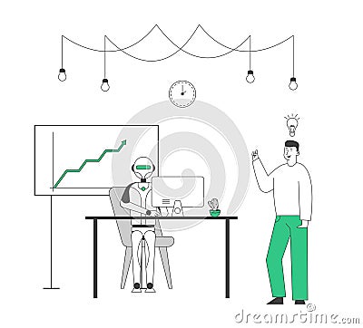 Artificial Intelligence and Human Communication Concept. Male Character Having Creative Idea, Robot Working in Office Vector Illustration