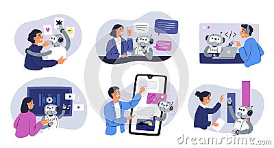 Artificial intelligence. Human interaction with AI, joint tasks solution, robot works with people, self developing Vector Illustration